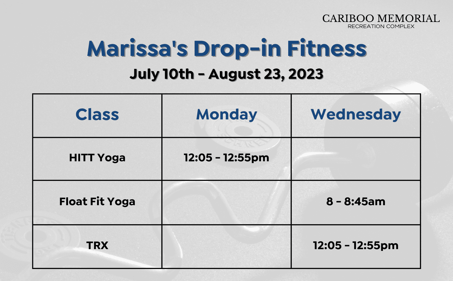 Aquafit and Drop-in Fitness Schedule - July 4 - August 23