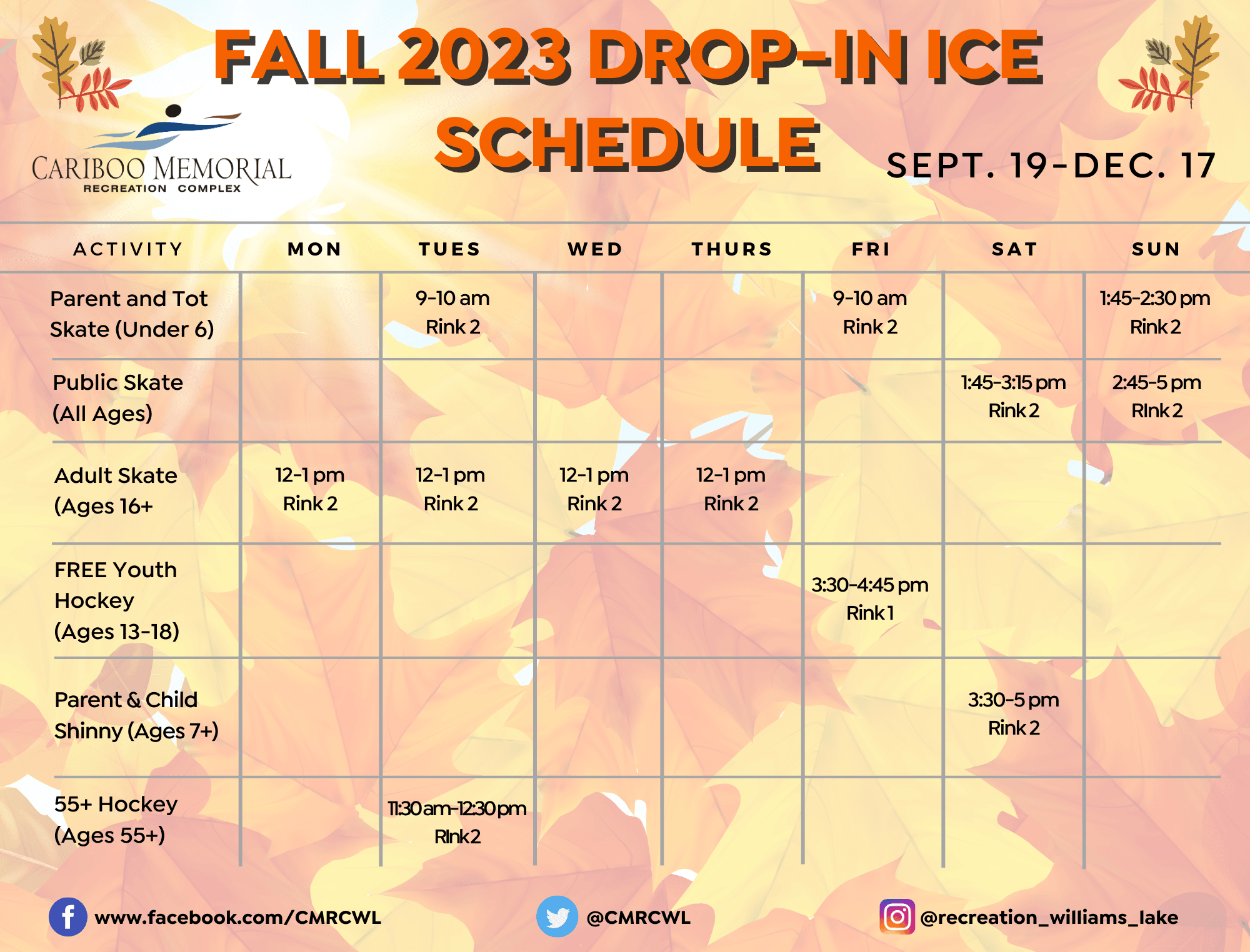 Fall 2023 Ice Schedule - Sept 19-Dec 17